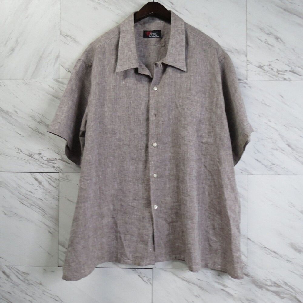 Men's Brown Short Sleeve Linen Camp Shirt Large Nore Island Elegance